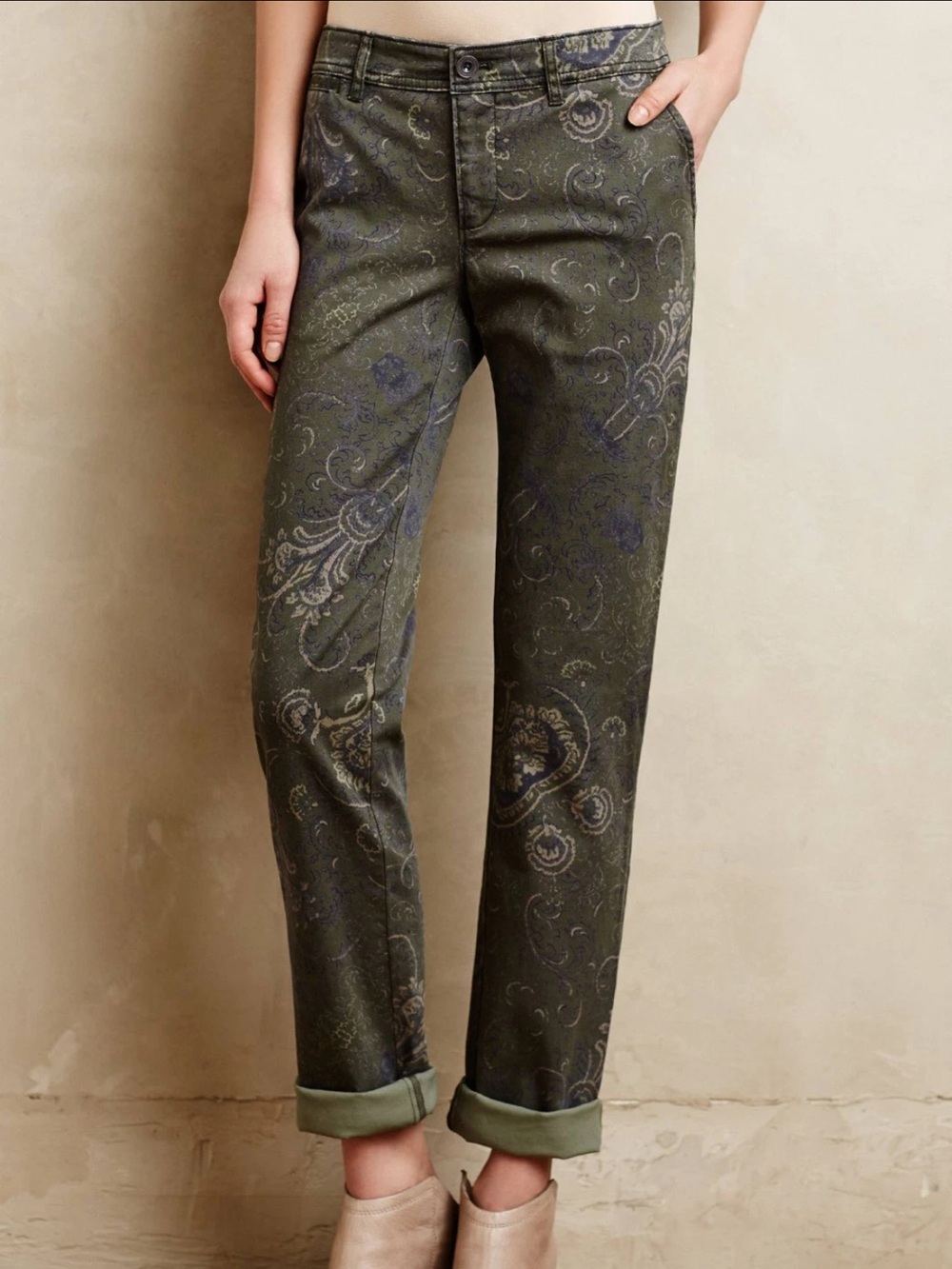 Pilcro Anthropologie Olive Paisley Chino Pants 26